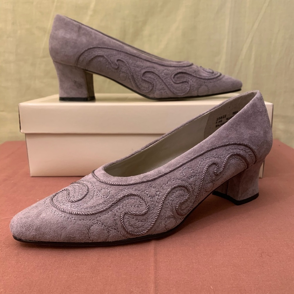 Carriage Court Gray “Emmie” Fine Suede Block Heels